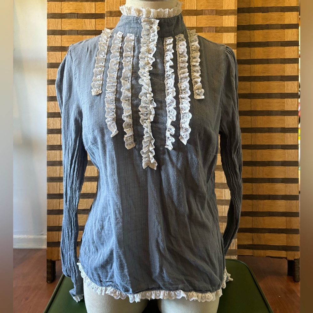 H&M Blue High Neck Long Sleeve Peplum (in back) Victorian Blouse. Small/Medium.